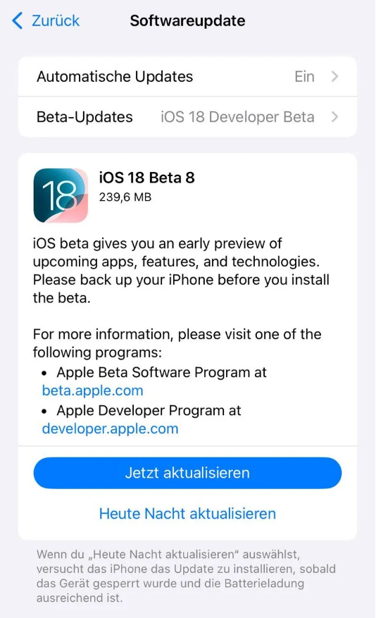 福安苹果手机维修分享苹果 iOS / iPadOS 18 开发者预览版 Beta 8 发布 